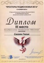 Москва. X Чемпионат по парикмахерскому искусству «Просторы Подмосковья - 2016»; «HAIR  TATTOO» – Фигурный выстриг волос в виде татуировки- 3 место. 2016 год